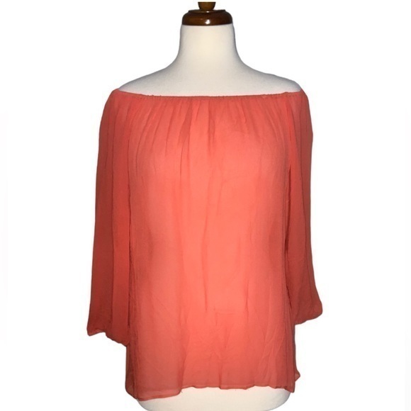 Sanctuary Peachy Orange Off Shoulder Semi-Sheer 3/4 Sleeve Flowy Loose Fit Top M - Picture 1 of 10